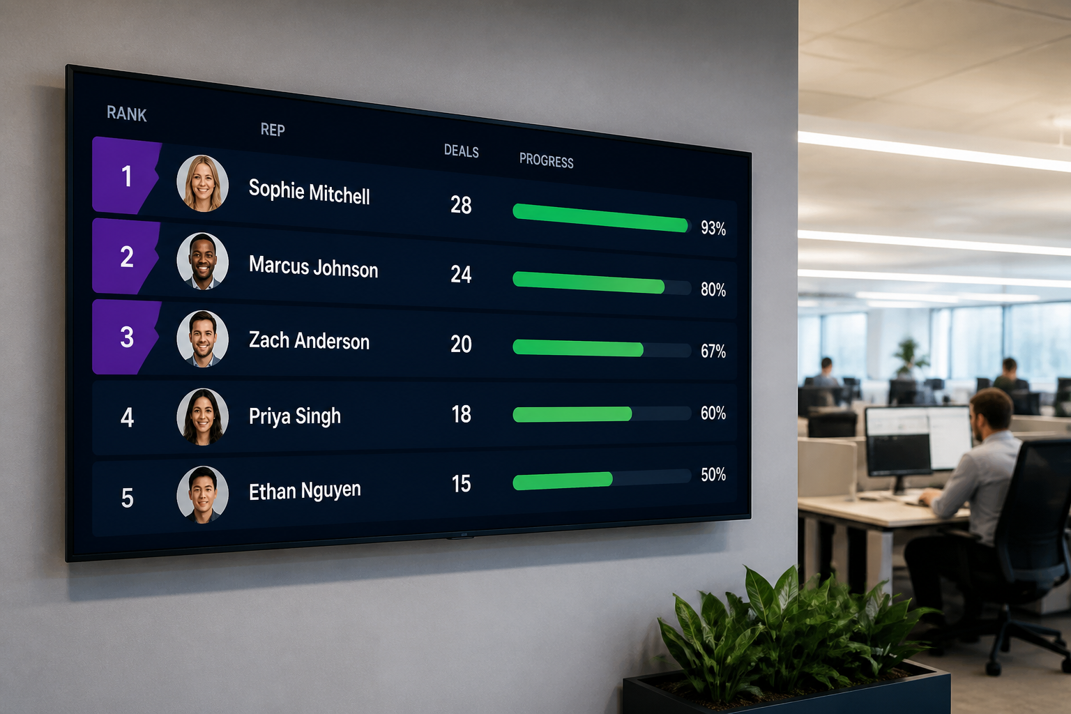 Hoopla leaderboard displayed on office TV screen — any TV becomes a live scoreboard