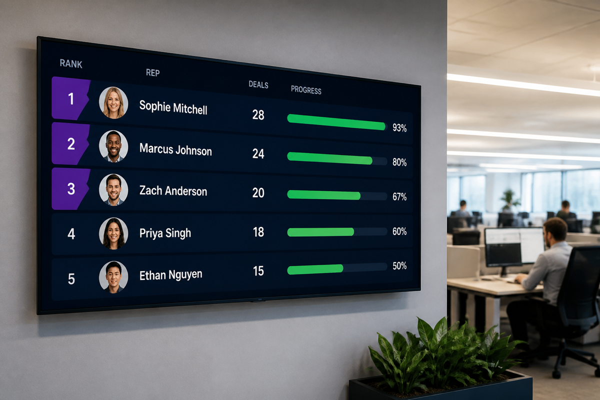 Hoopla leaderboard displayed on office TV screen — any TV becomes a live scoreboard